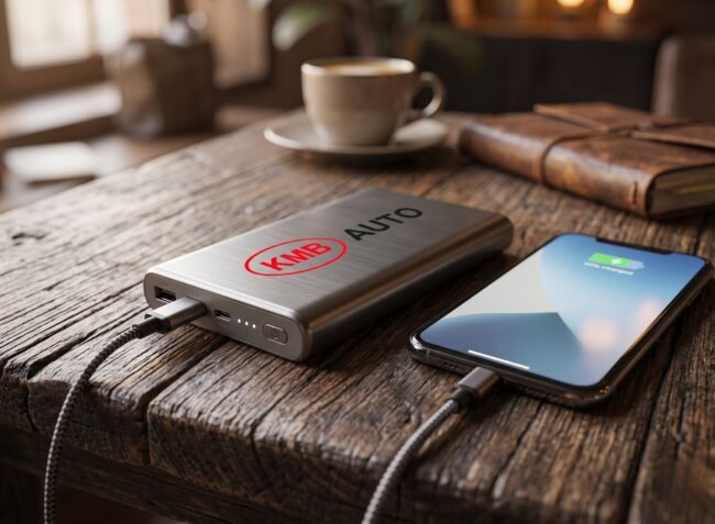 Srebrny powerbank z nadrukiem firmowym ładujący smartfon na drewnianym biurku. Ekskluzywna elektronika reklamowa.