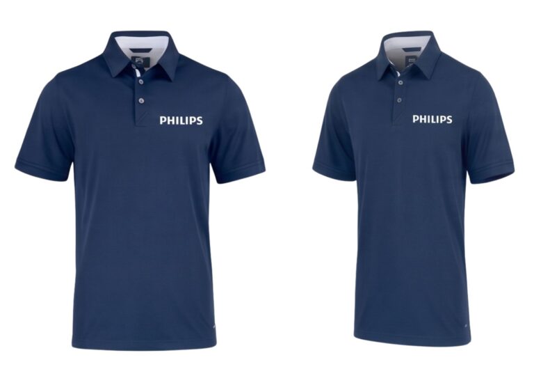 Granatowe koszulki polo z białym logo Philips oraz czarne koszulki z haftem. Profesjonalna odzież biznesowa ze znakowaniem.