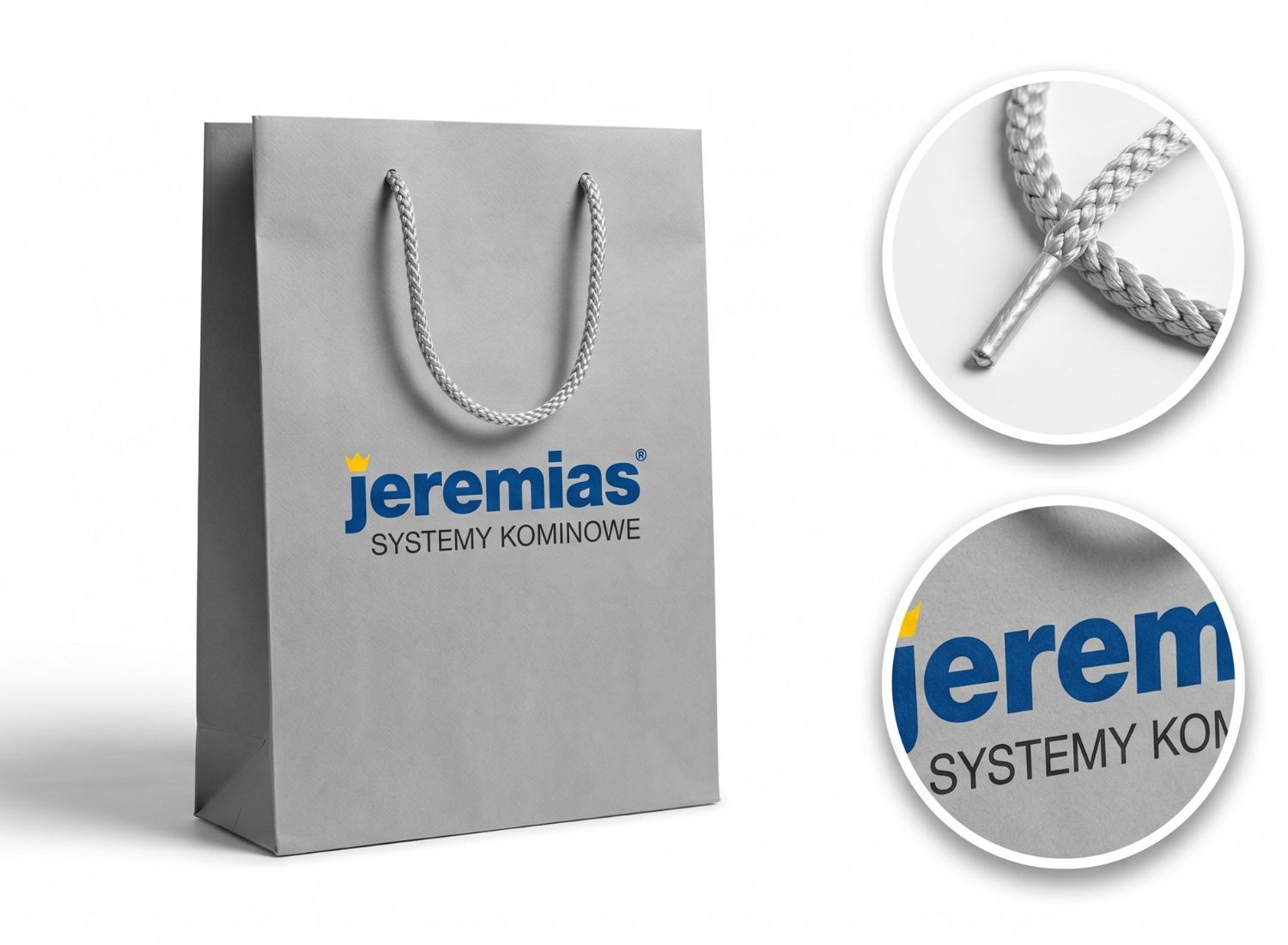 Szara torba papierowa premium ze sznurkowym uchem i nadrukiem logo Jeremias. Eleganckie opakowania firmowe.
