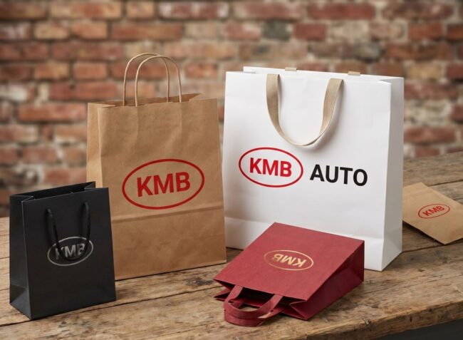 Ekologiczne torby reklamowe z nadrukiem KMB AUTO wyeksponowane na tle ściany z cegły. Firmowe opakowania z papieru kraft.