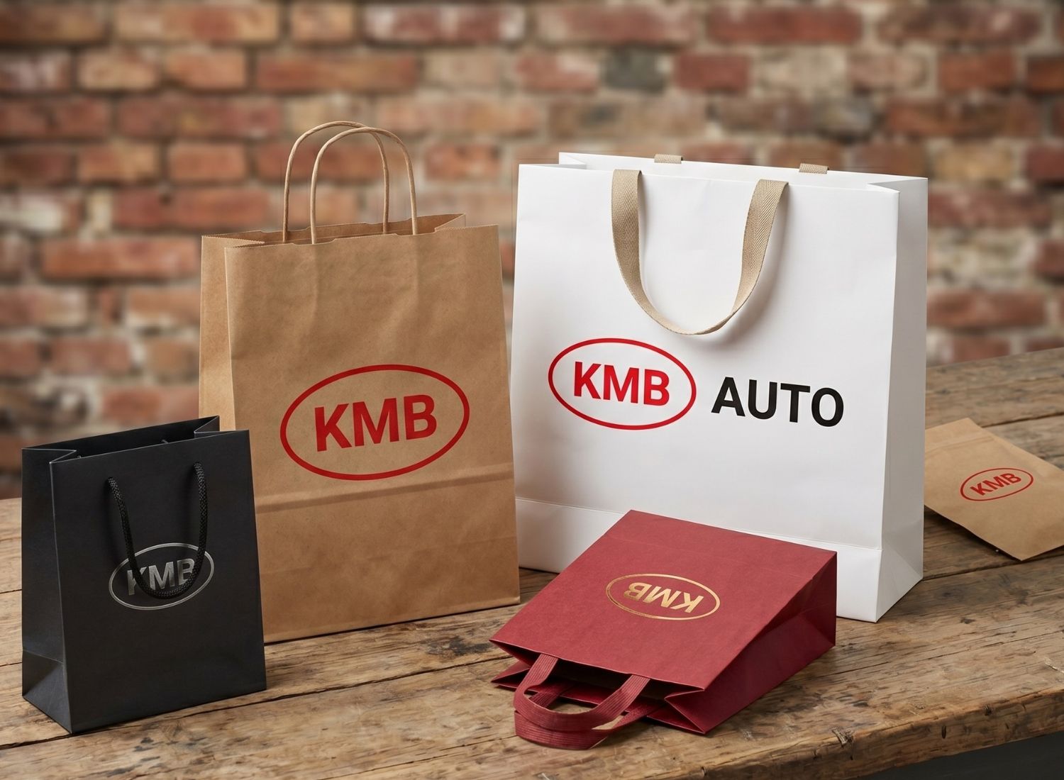 Ekologiczne torby reklamowe z nadrukiem KMB AUTO wyeksponowane na tle ściany z cegły. Firmowe opakowania z papieru kraft.