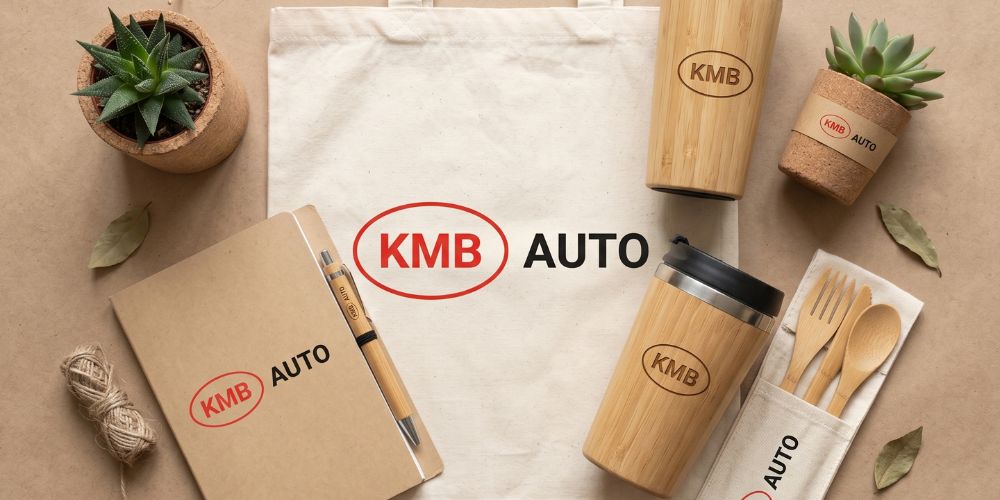 Zestaw eko gadżetów reklamowych KMB Auto: torba, notes, kubek drewniany