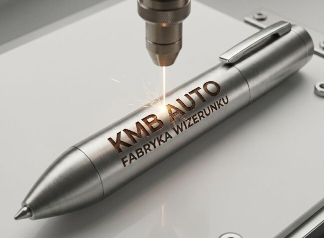 Maszyna do grawerowania laserowego wypalająca logo KMB AUTO na metalowym długopisie. Trwałe znakowanie artykułów piśmienniczych.