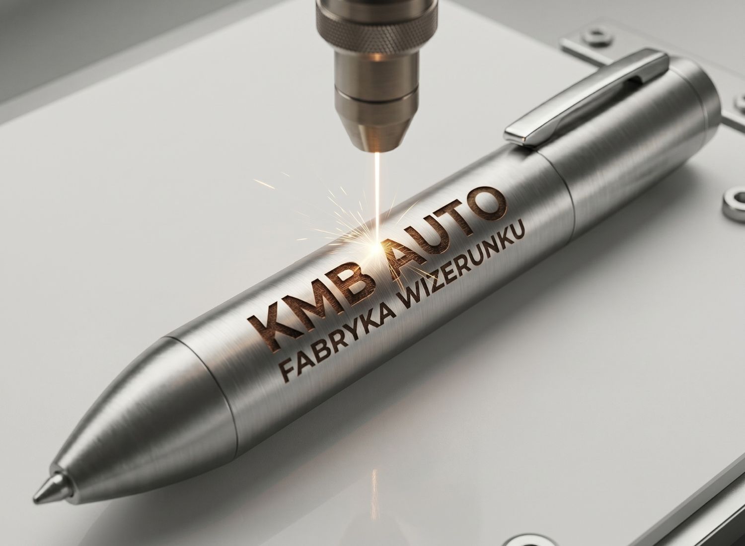 Maszyna do grawerowania laserowego wypalająca logo KMB AUTO na metalowym długopisie. Trwałe znakowanie artykułów piśmienniczych.