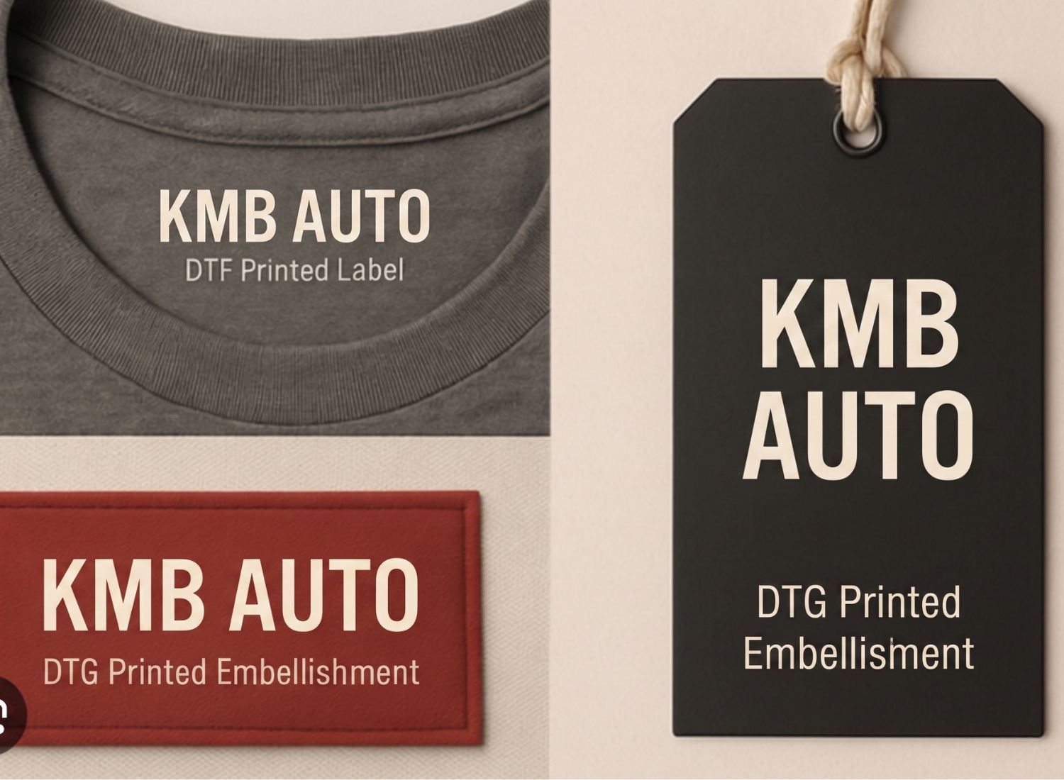 Zbliżenie na detale nowoczesnego znakowania odzieży metodą druku DTF i metkowania z logo KMB AUTO.