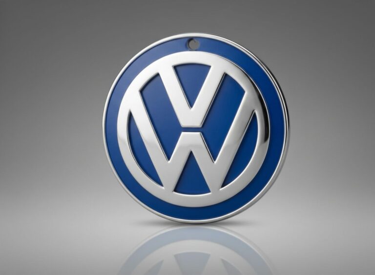 Okrągła zawieszka zapachowa do samochodu z niebieskim logo Volkswagen. Gadżety reklamowe dla dealerów samochodowych.