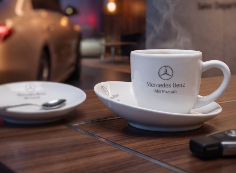 Gorąca kawa w białej filiżance ze spodkiem i logo Mercedes-Benz, wyeksponowana na drewnianym stoliku w salonie.