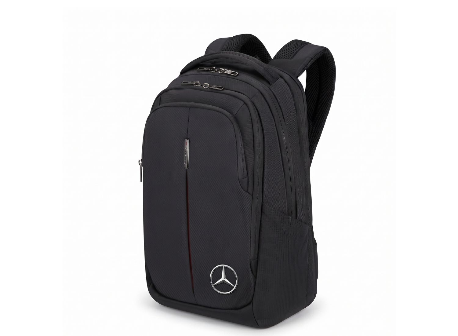 Markowy, czarny plecak biznesowy na laptopa z subtelnym logo Mercedes-Benz. Upominki premium dla managerów.