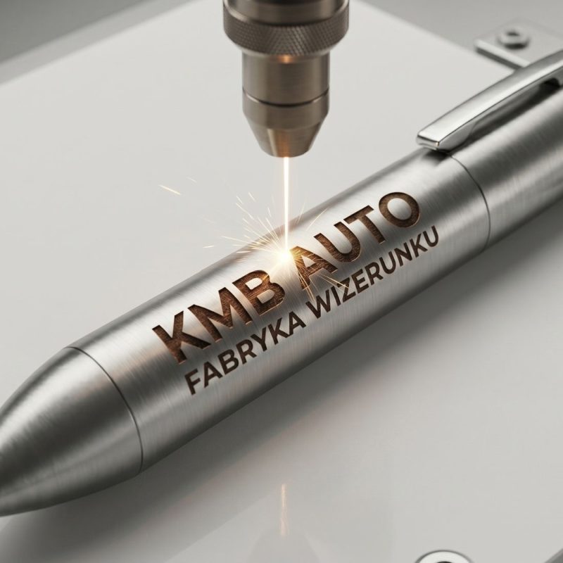 Maszyna do grawerowania laserowego wypalająca logo KMB AUTO na metalowym długopisie. Trwałe znakowanie artykułów piśmienniczych.
