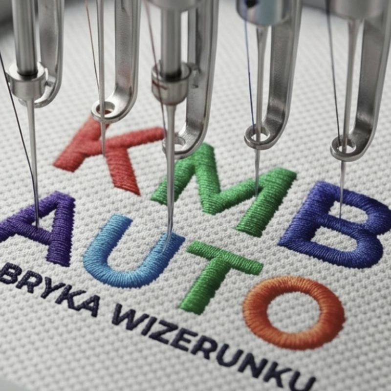 Igły profesjonalnej maszyny hafciarskiej wyszywające wielokolorowe logo KMB AUTO. Haft komputerowy na odzieży biznesowej.