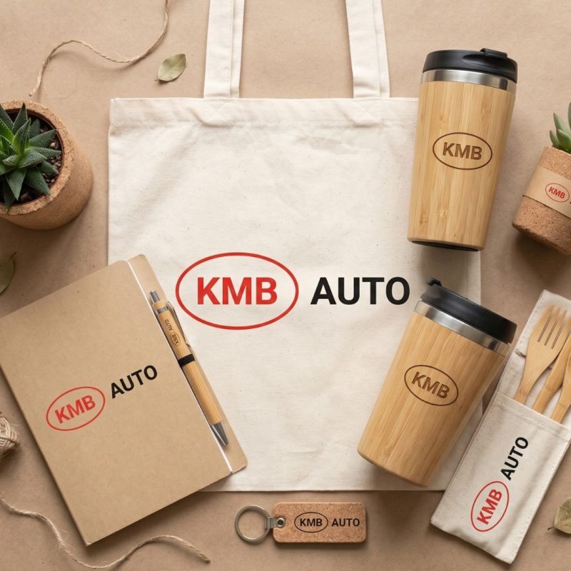 Zestaw ekologicznych gadżetów biznesowych z wyraźnym logo firmy: bambusowe kubki, notes, torba i artykuły piśmiennicze.