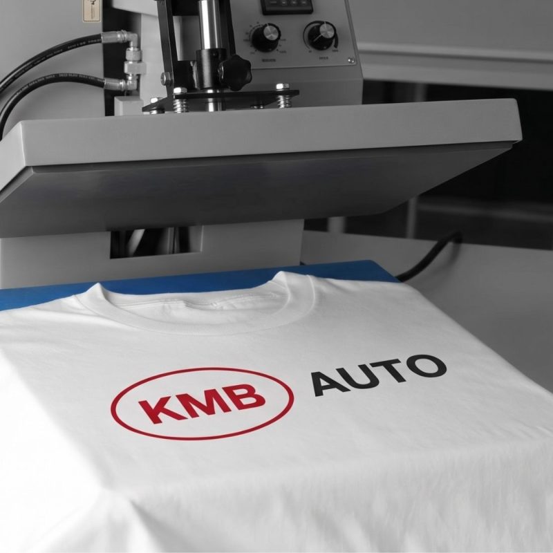Prasa termiczna wgrzewająca czerwono-czarne logo KMB AUTO na białą koszulkę. Trwałe znakowanie odzieży roboczej i reklamowej metodą termotransferu
