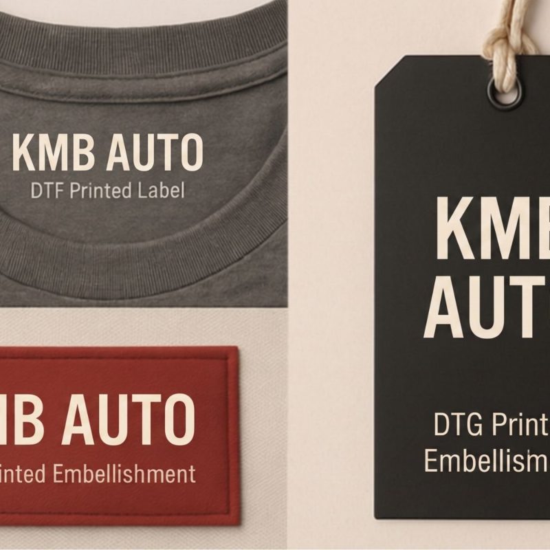 Zbliżenie na detale nowoczesnego znakowania odzieży metodą druku DTF i metkowania z logo KMB AUTO.